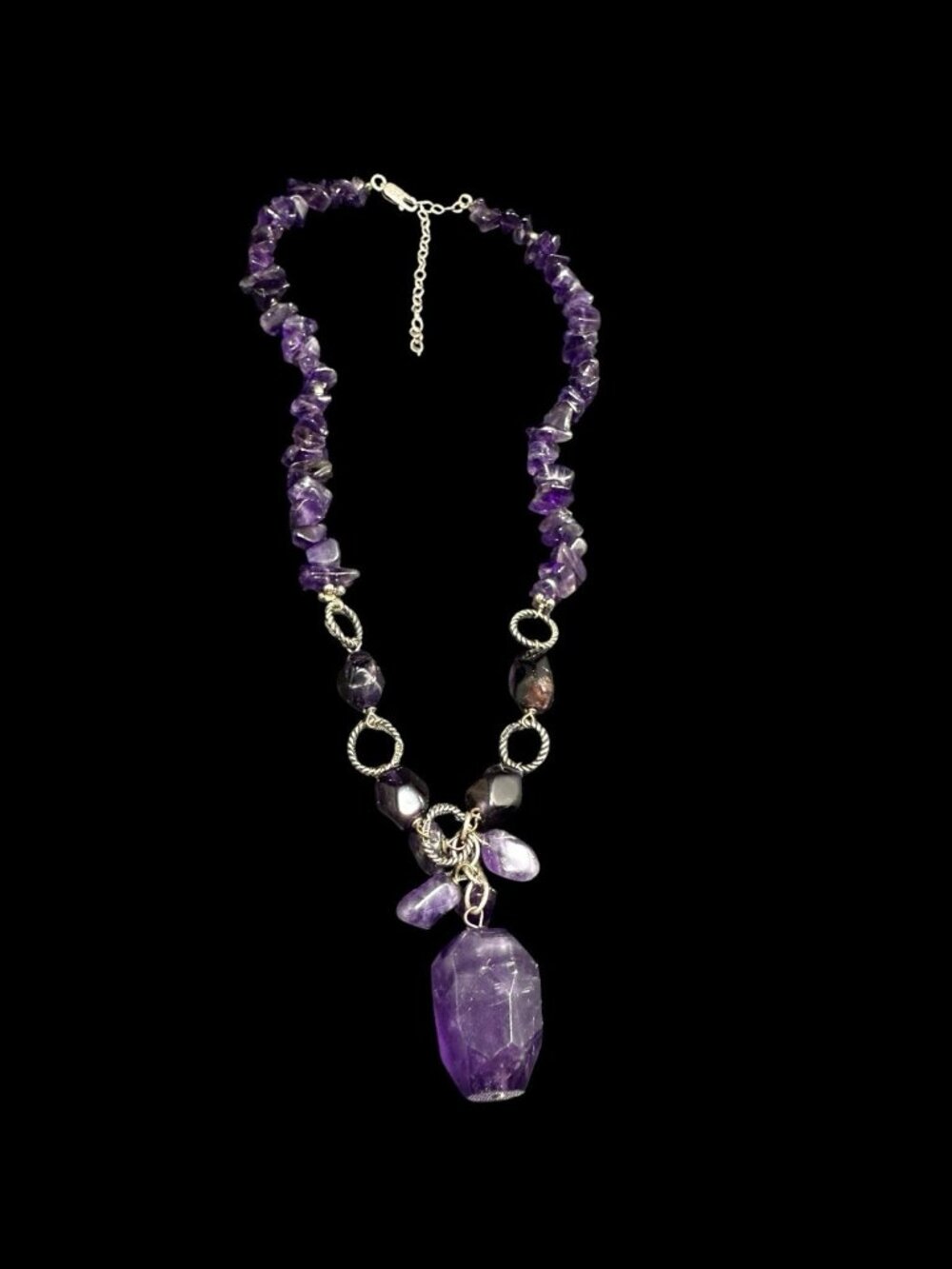 Signed 925 FAS Necklace Amethyst Beads Sterling Silver Adjustable Chain